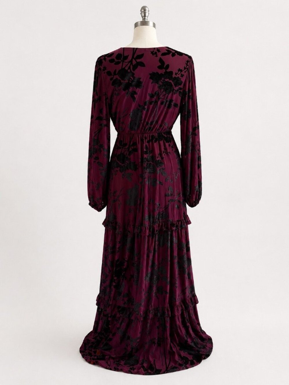 Baltic Born Liana Velvet Burnout Embossed Goth Maxi Dress Plum Black Ruffle Tier - Picture 4 of 7